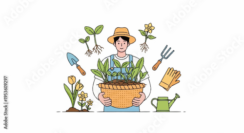 Young adult woman gardener planting herbs in outdoor garden during daytime for sustainable farming and eco friendly lifestyle