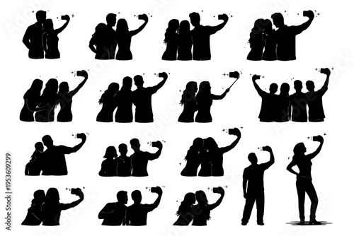 Silhouettes of diverse people taking selfies - group and solo poses.