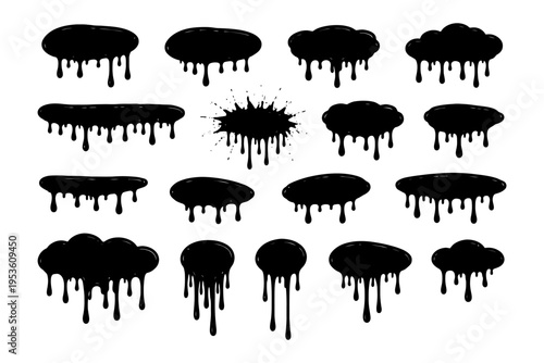 Set of dripping black ink blots and splashes on white background.