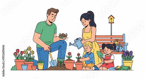 Family gardening scene with adults and children planting flowers in a community garden during daytime