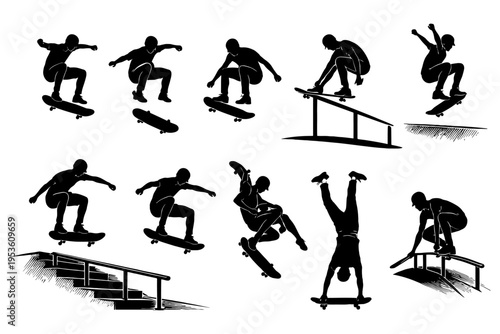 Silhouettes of skateboarders performing tricks and stunts on ramps and rails.