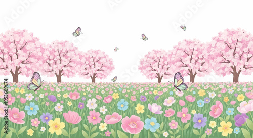 Beautiful spring landscape with blooming pink cherry blossom trees and colorful wildflowers under clear sky for outdoor nature themes