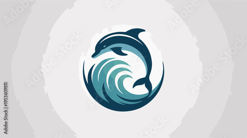 Dolphin swimming in wave circle on gray background symbolizing freedom and harmony with ocean waves