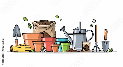 Variety of gardening tools and potted plants arranged on a workspace for outdoor planting and landscape design projects