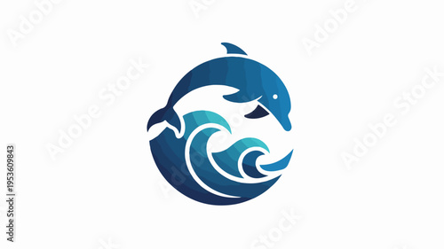Dolphin jumping out of ocean wave circle logo symbol