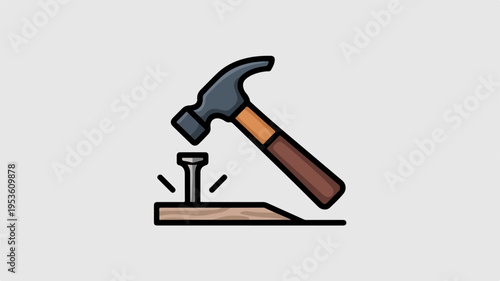 Hammer striking nail into wooden plank with force driving it home with a powerful blow on a gray background