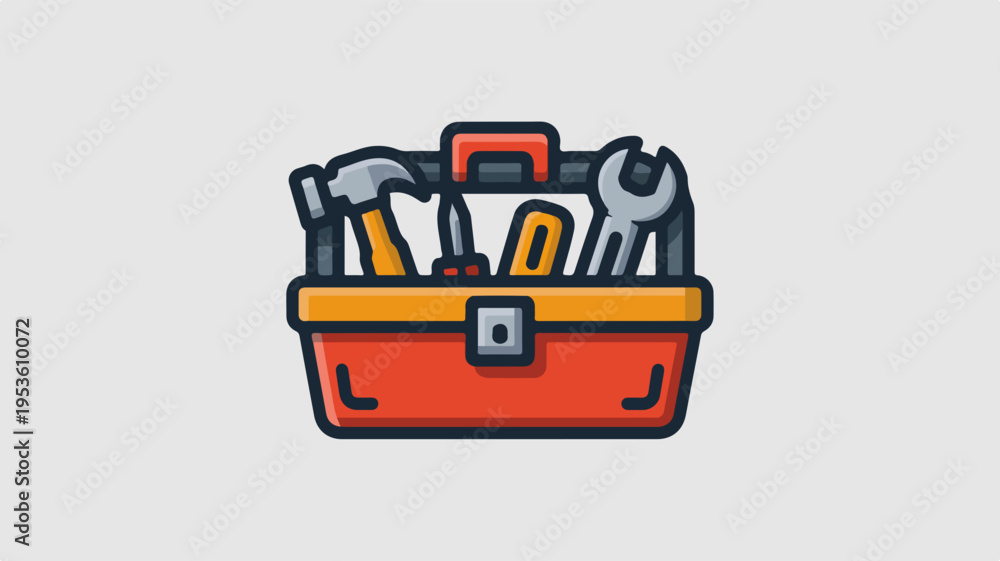 Naklejka premium Red toolbox with various tools inside on gray background for diy and repair concepts