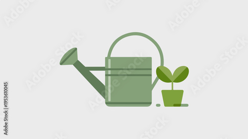 Green watering can and potted plant for gardening and plant care on a clean background