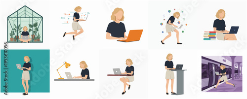 Minimalist Diverse Woman Freelancer Working in Different Poses Illustration