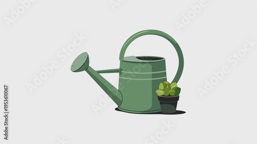 Green watering can with small potted plant on white background gardening tool for home and garden care