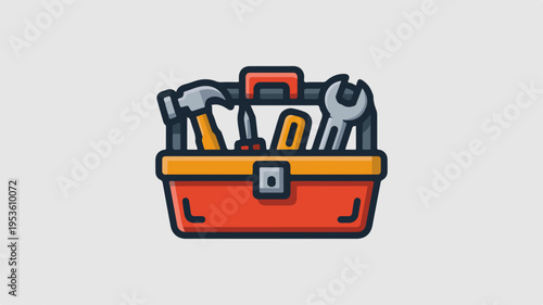 Red toolbox with various tools inside on gray background for diy and repair concepts