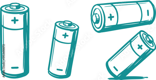 Battery Vector Set, Hand Drawn Power Cell Clipart Design, Energy Storage Line Art Illustration Collection.