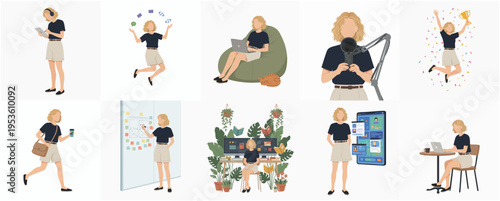 Flat Style Diverse Woman Illustration Activity Set Character in Various Poses