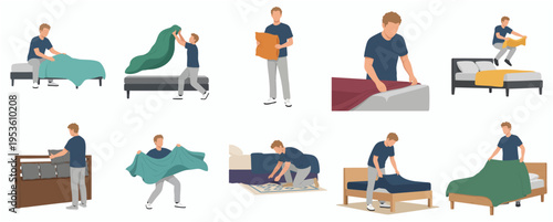 Flat Illustration Guide Bed Making Steps by Man Demonstrating Room Service