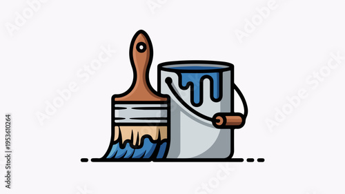 Paintbrush and paint bucket with blue paint dripping ready for artistic creation or home renovation project