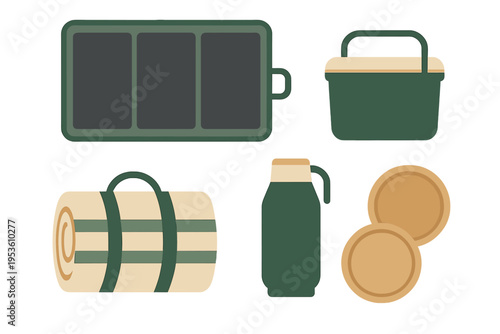 Camping gear collection featuring solar panel, cooler, water bottle, blanket, and plates, perfect for outdoor adventures