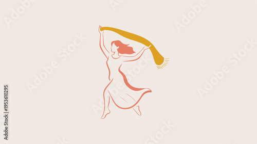 Woman dancing with flowing hair elegant lines minimalist art abstract illustration beige background