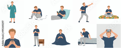 Flat Illustration of Men Using Mobile Phone in Different Poses and Situations