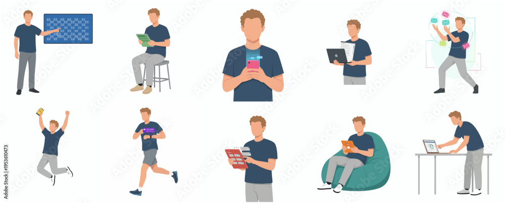 Fototapeta premium Flat Style Collection of Man in Various Activities Illustration Set