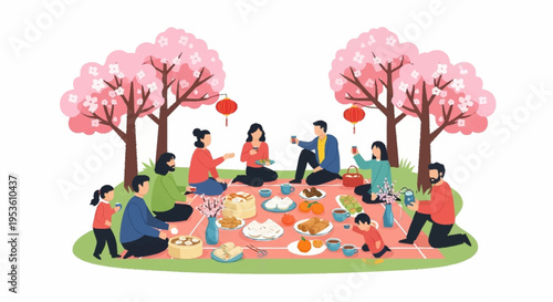 People enjoying a picnic under blooming cherry blossom trees in a park during springtime