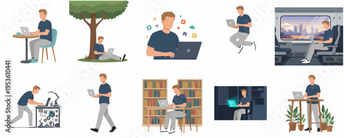 Flat Style Illustration of Man Working Remotely in Different Locations