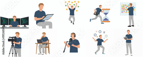 Flat Style Illustration Set of Man in Various Professions and Activities