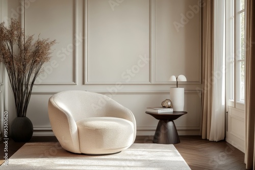 Copy space mock-up wall in a villa living room, featuring beige furniture on a bright wall, hardwood flooring, and an armchair with a lamp, Generative AI
