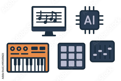 Music creation tools featuring computer, AI chip, synthesizer, and rhythm pads for digital production