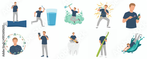 Flat Illustration of Various Poses and Scenarios Involving Dental Hygiene