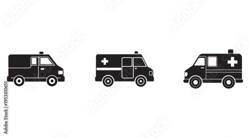 Ambulance vehicle icons in different angles  emergency medical services vehicles  healthcare transport  rescue cars