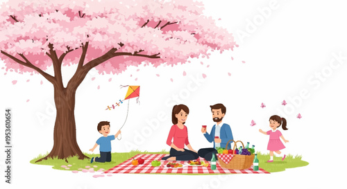 Family enjoying a picnic under a blooming cherry blossom tree during springtime in a park