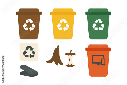 Colorful recycling bins and food waste materials arranged in a clean layout to promote waste separation and environmental awareness
