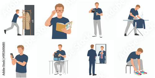 Flat Detailed Man Daily Routine Lifestyle Illustration Scene Set