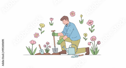 Young man planting flowers in a garden on a sunny day with a watering can and gardening tools for outdoor activity and environmental care