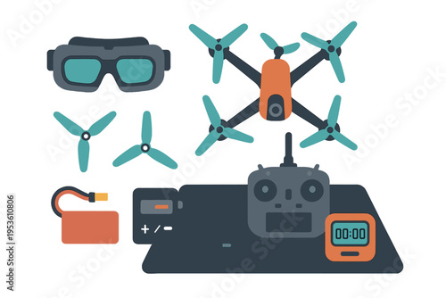 Quadcopter drone tools and accessories displayed on a table for hobbyists in a well-lit workspace