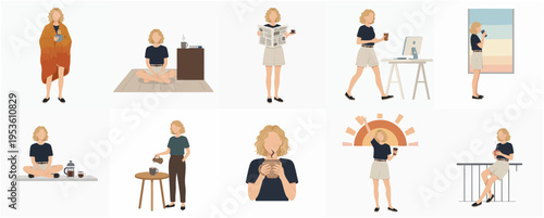 Flat Style Collection of Woman Doing Daily Activities and Lifestyle Illustration