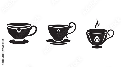 Black and white coffee cup icons with saucers and steam rising from one cup on a plain white background  simple tea cups