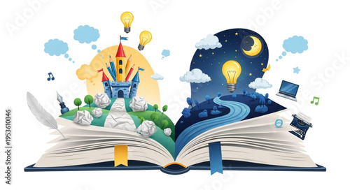 Open book revealing two contrasting worlds - a vibrant daytime fantasy and a serene nighttime dreamscape.