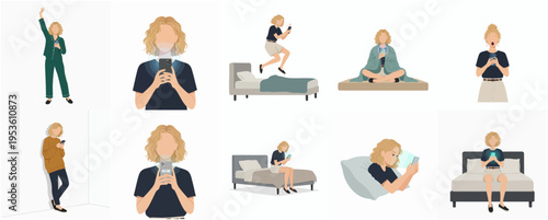 Minimalist Flat Illustration of Woman with Smartphone in Different Poses Set