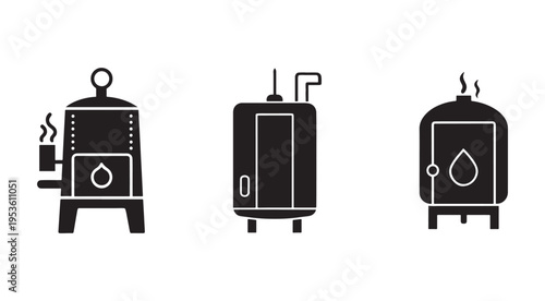 Black and white icons of different oil heater designs with steam and a cup of coffee  various home heating systems with water drop symbol