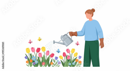 Young woman watering colorful tulips in a garden during spring to promote gardening and outdoor activity health lifestyles