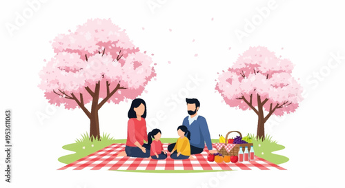 Family enjoying a picnic under cherry blossom trees on a sunny day outdoors ideal for travel lifestyle health and leisure themes