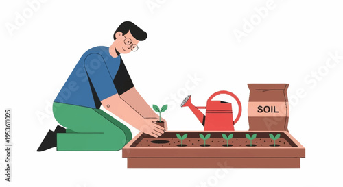 Person working on gardening bed with gardening tools and soil in a sunny outdoor environment
