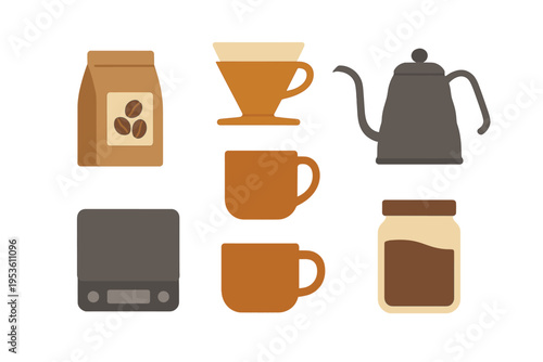 Coffee brewing setup with various equipment including bags of beans, mugs, and a kettle on display