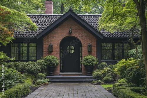 Black front door of a black house surrounded by trees, evoking a bold and elegant entryway, Generative AI