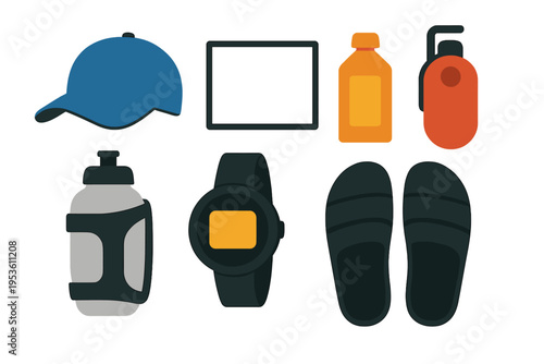 Outdoor activity gear including a cap, water bottle, watch, and slippers laid out for a day of exercise