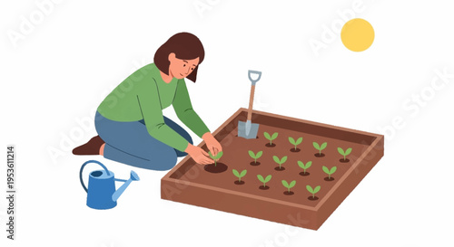 Person planting vegetable seedlings in a wooden garden bed with watering can outdoors under sunny sky for sustainable gardening and agriculture