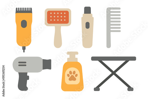 Grooming tools arranged on a clean surface for pet care in a professional setting during daylight hours
