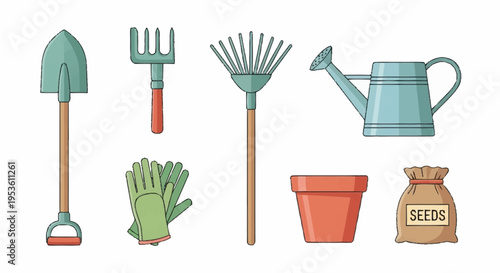 Gardening tools and supplies including hand shovel rake gloves watering can pot seeds on white background