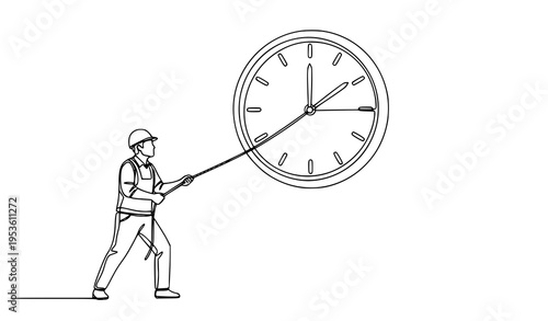 A man in a hard hat pulling a large clock with a rope